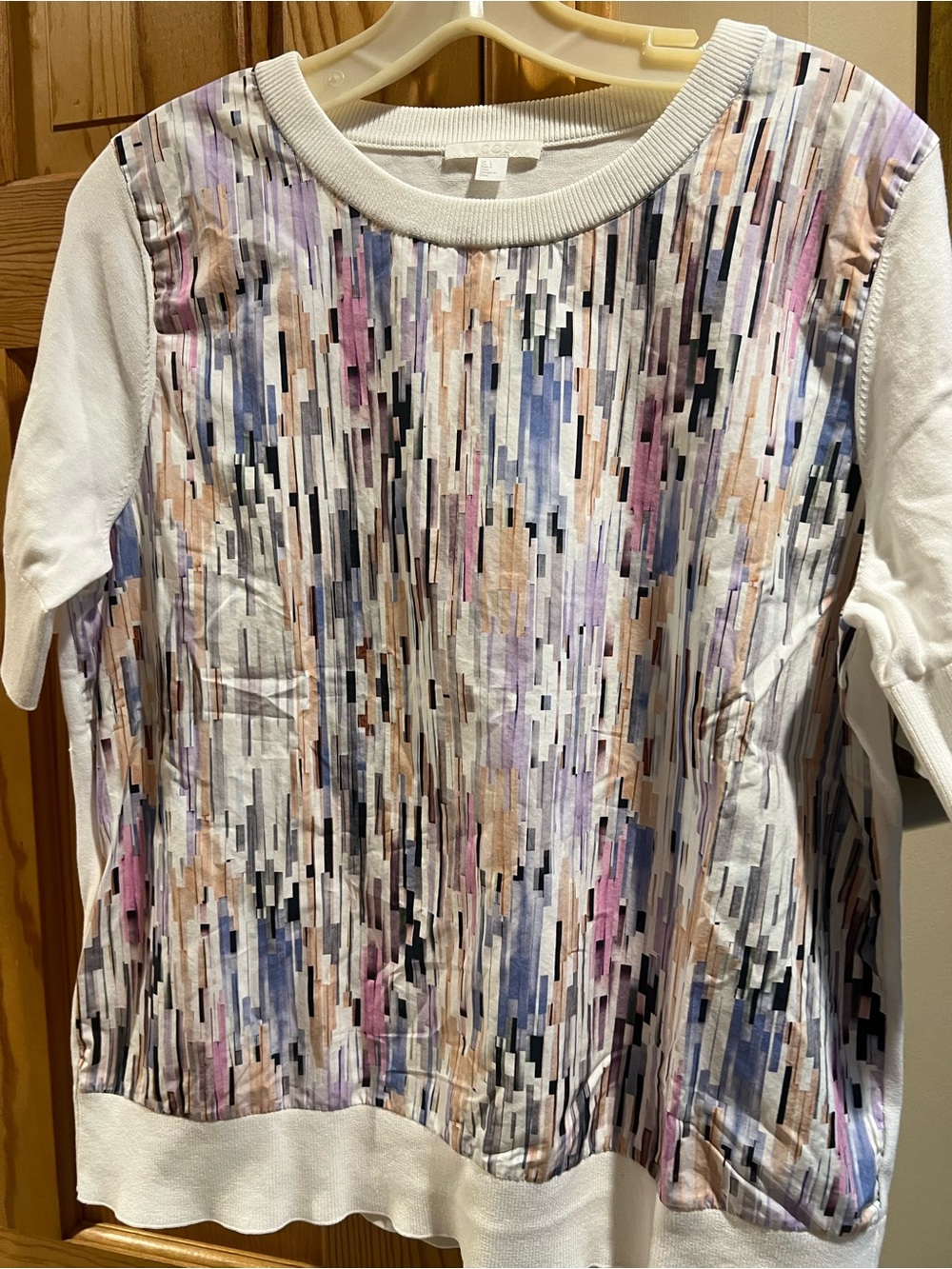COS Shirt Top~ White with Vertical Splashes of Color Abstract Print-Large NEW